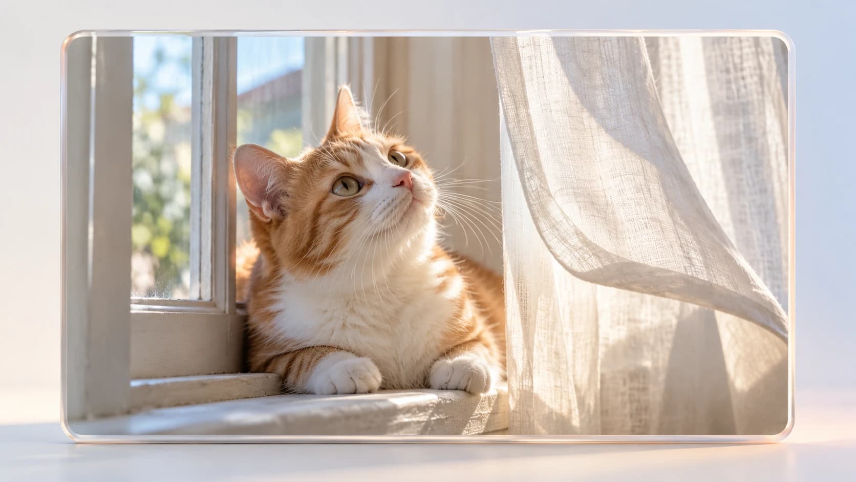 一只猫在窗边抬头望向随风轻动的窗帘，单幅画面由柔和的珍珠光边承托。